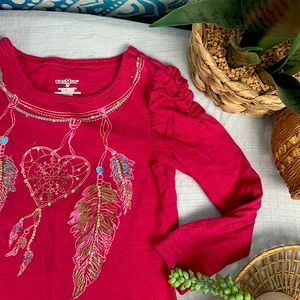 Girls 4T Pink Boho Feathers Dreamcatcher Long Sleeve Tee